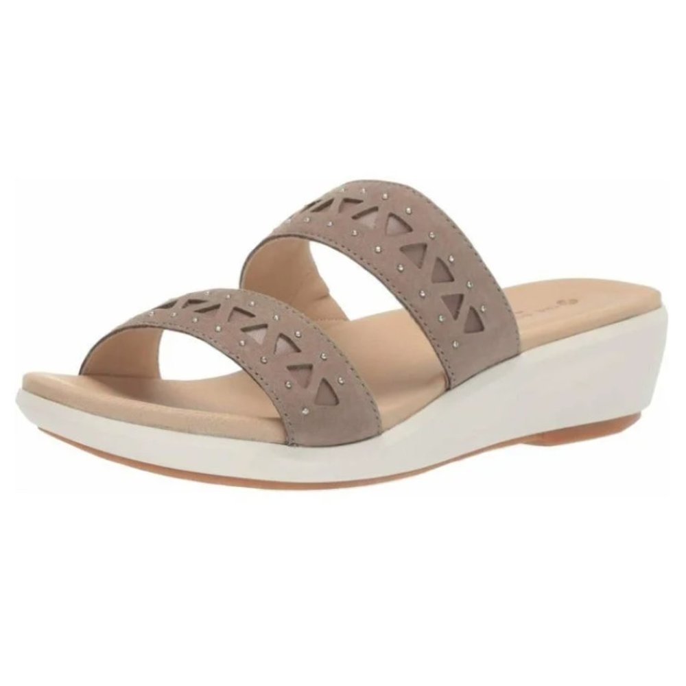 NEW Hush Puppies Women Lyricale Taupe Two Strap Slide Wedge Geometric Stud